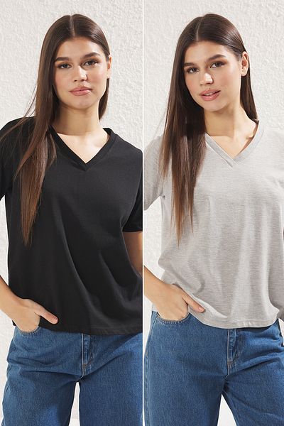 Trendyol Collection V-Neck Grey Melange-Black Basic T-Shirt 2 Pack Regular Fit - Twoss23Ts00002