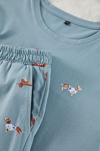 Trendyol Collection Modrý zvířecí vzor 100% bavlna Regular Fit pyžamový set - TMNAW23PT00157