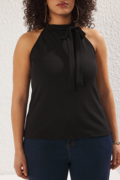 Trendyol Curve Černá Halter Detail šněrování u krku Pletená halenka větší velikosti Tbbss25Af00007