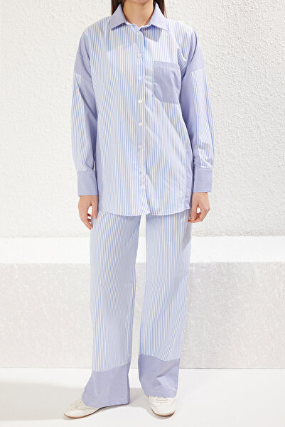 Trendyol Modest Blue Oversize Striped Pocket Detailed Woven Bottom-Top Suit Tctss25Us00018