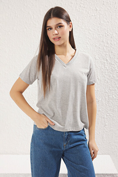 Trendyol Collection V-Neck Grey Melange-Black Basic T-Shirt 2 Pack Regular Fit - Twoss23Ts00002