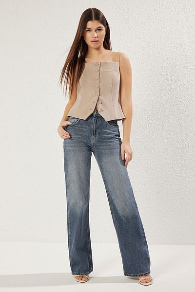 Trendyol Collection Blugi vintage cu talie înaltă și picioare late Indigo Solukt Effect TWOAW24JE00089