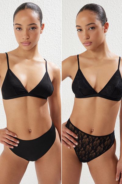 Trendyol Collection Pachet de 2 sutien negru fără sârmă, fără cupă, cu bretele triunghiulare din dantelă + sutien tricotat din jerseu THMSS25SU00019