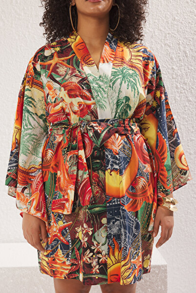 Trendyol Curve Plus Size Multicolor Tropical Print Belted Mini Kimono & Kaftan - Tbbss25De00004