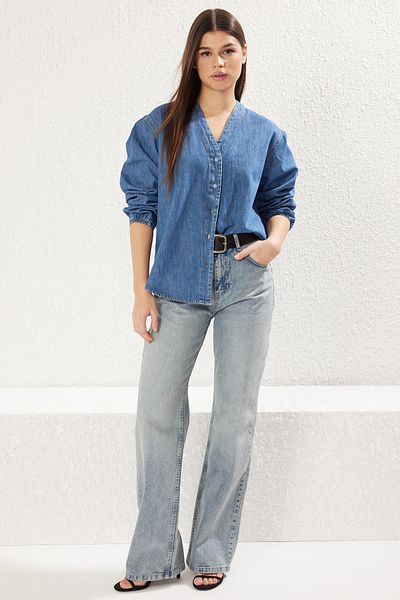 Trendyol Collection Blue V-Neck Denim Shirt Twoss25Go00071