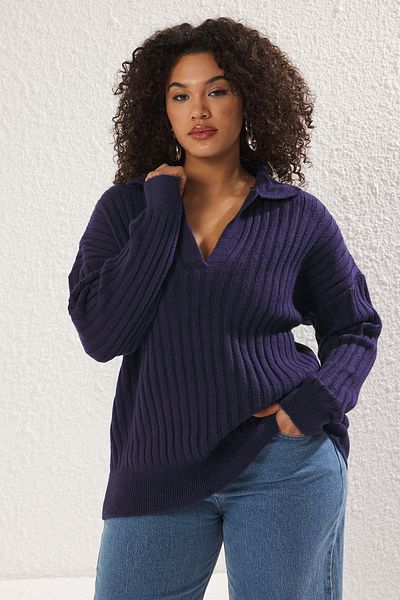 Trendyol Curve Navy Blue Ribbed Polo Neck Knitwear Sweater Tbbaw25An00062