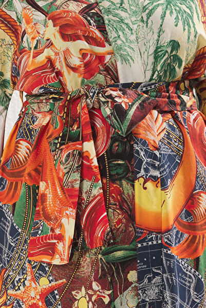Trendyol Curve Plus Size Multicolor Tropical Print Belted Mini Kimono & Kaftan - Tbbss25De00004