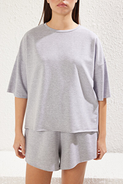 Trendyol Collection Grey Melange Oversize/Wide Fit Slim Stretch Shorts t Shirt Knitted Bottom - Top Set Twoss25Au00013