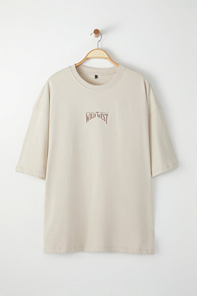 Trendyol Collection Oversize Large Size Stone Color Cotton T-Shirt - Tmnss25Bf00008