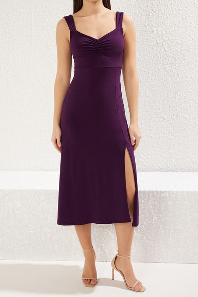 Trendyol Collection Plum A-Line Drawstring/Drape Detail Slit Midi Stretchy Knitted Dress Twoss24El00412