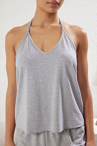 Trendyol Collection Grey Lace Melange Rope Strap Pajamas Set - Back Detail Thmss25Pt00200