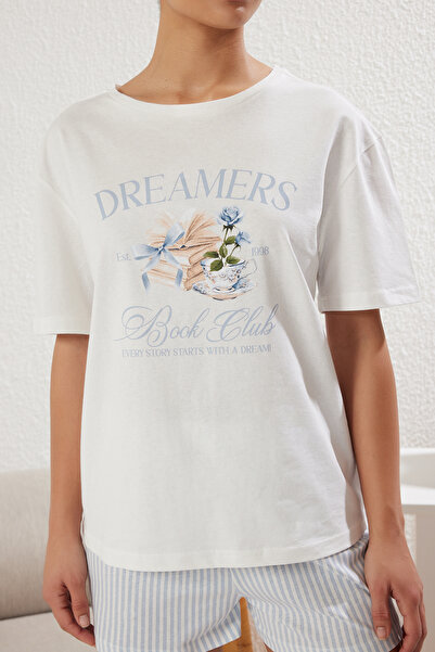 Trendyol Collection Ecru-Blue 100% bavlna s pruhovaným potiskem pletená sada pyžama Thmss25Pt00214