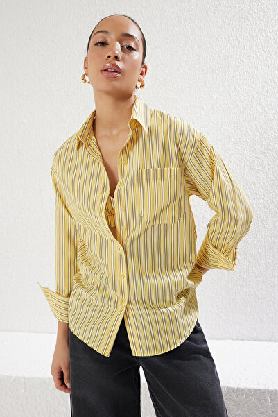 Trendyol Collection Sárga csíkos, túlméretezett mellszobor ing - TWOSS25GO00076