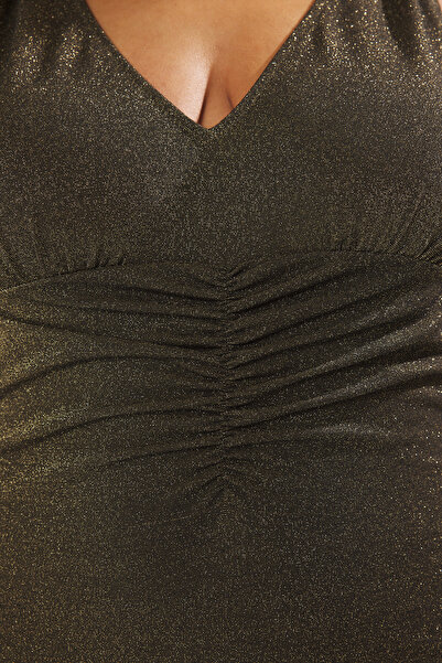 Trendyol Curve Χακί μαγιό μεγάλου μεγέθους - Deep V, Glitter και Glitter ύφασμα TBBSS25AM00019