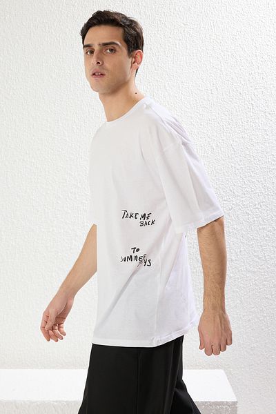 Trendyol Collection Βαμβακερό μπλουζάκι με στάμπα λευκού κειμένου 0versize - TMNSS25TS00064