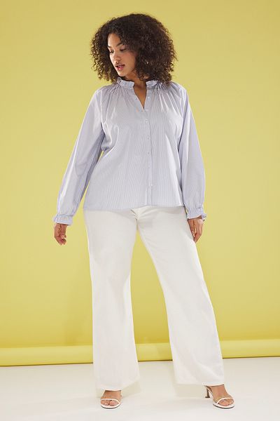 Trendyol Curve Multicolor Stripe Long Balloon Sleeve Woven Plus Size Shirt Tbbss25Ax00007