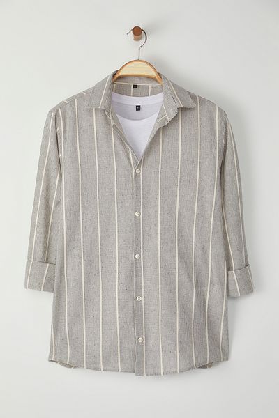 Trendyol Collection Koszula w paski w kolorze beżowo-granatowym, regular fit, lniana TMNSS25GO00037