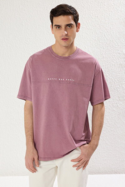 Trendyol Collection Lila Oversize/Wide Cut Faded Effect Text Nyomtatott 100% Pamut Tok Fabric póló TMNSS23TS00174