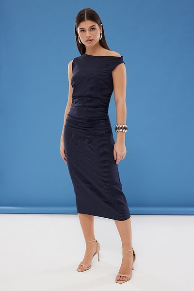 Trendyol Collection Μπλε ριγέ μίντι υφαντό φόρεμα που αγκαλιάζει το σώμα TWOSS25EL00264