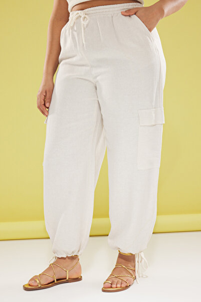 Trendyol Curve Beige Cotton-Linen Content Cargo Pocket Trousers with Laced Legs Large Size Tbbss25Ar00017