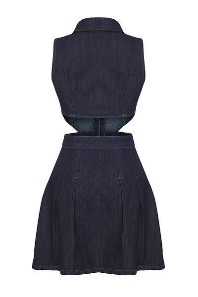 Trendyol Collection Rochie mini din denim, ediție limitată, albastru închis, cu decuparea ferestrei, cu guler cămașă TWOSS25EL00505
