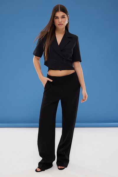 Trendyol Collection Black Double Breasted Crop Woven Blazer Jacket Twoss25Bc00016