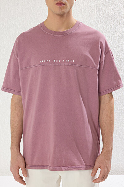 Trendyol Collection Lila Oversize/Wide Cut Faded Effect Text Nyomtatott 100% Pamut Tok Fabric póló TMNSS23TS00174