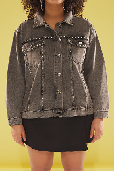 Trendyol Curve Anthracite Troc Plus Size Denim Jacket Tbbss25Ag00002