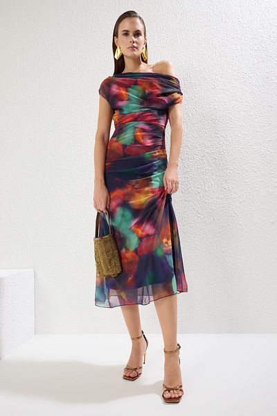 Trendyol Collection Multicolored Patterned Lined Tulle Knitted Stylish Evening Dress Night Graduation Dress Tprss25El00015