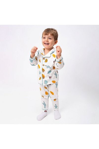 bebegen Unisex Ecru Green Orange Leaf Cactus Print Double Breasted Lapel Pajamas Set