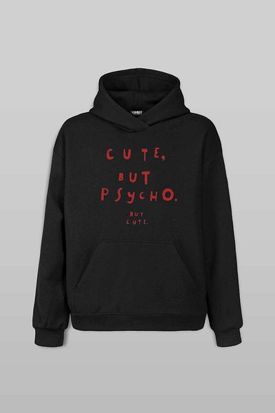 Kendim Seçtim Black Sweet Psycho Printed Hooded Hoodie - Cute but Psycho Funny Typography