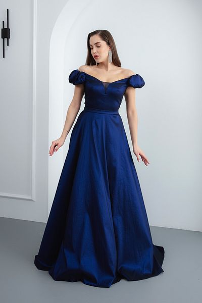 Lafaba Γυναικείο μακρύ βραδινό φόρεμα Navy Blue Boat Neck Flared Cutout