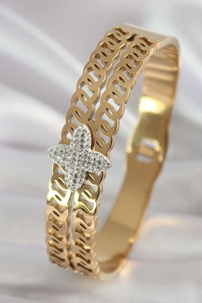 Clariss 316L Steel Gold Color Zircon Stone Flower Model Women's Handcuffs