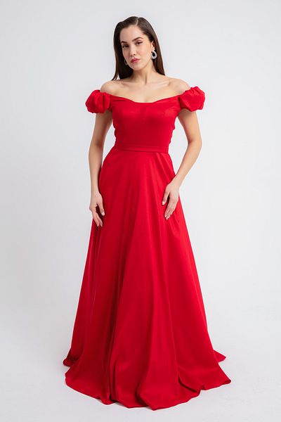 Lafaba Women's Red Boat Neck Flared Cutout Long Evening Dress