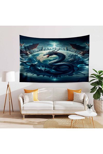 Else Dekor Blue Mythological Wall Tapestry with Dragon Pattern - Tapestry