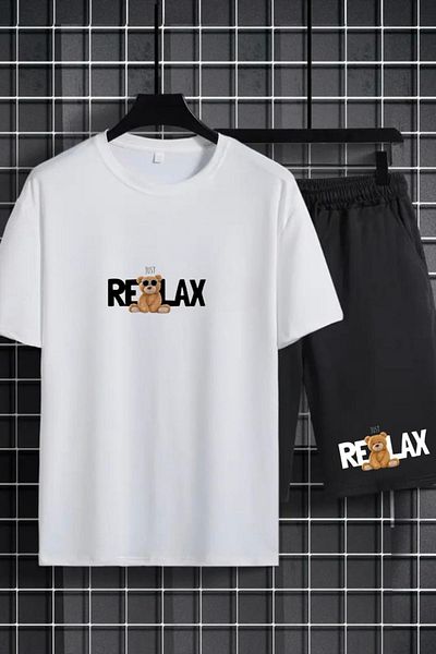 CAST COLLECTİON Unisex White Relax Bear Printed Tshirt Shorts Set
