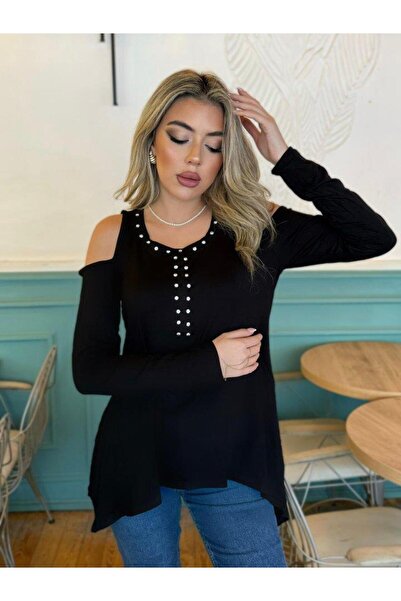 Bijuterria Women's Long Sleeve Crew Neck Front Stoned Off-the-Shoulder Hem Asymmetrical Cut Viscose Blouse