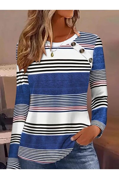 moonvizyon Γυναικεία μακρυμάνικη μπλούζα με κουμπιά με λαιμόκοψη με λεπτομερή μοτίβο μονό ζέρσεϊ