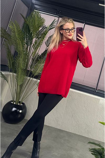 MİR STORE Dark Red Half-Thigh Ribbed Oversize Sweater