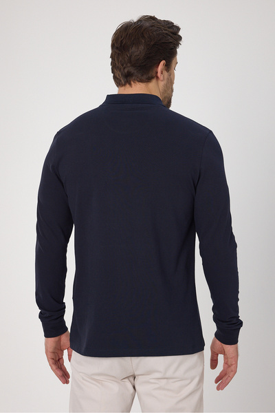 Frappoli Ανδρικό μπλουζάκι Fonte Navy Blue 100% βαμβακερό πλεκτό εύκαμπτο ύφασμα με λεπτή εφαρμογή μακρυμάνικο μπλουζάκι πόλο