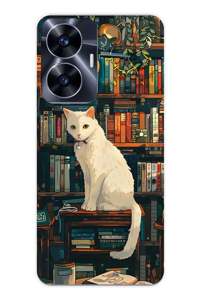 TechTree Realme C55 Compatible Bookcase White Cat Design Clear Silicone Case