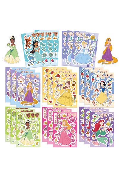 Miniso 16shseets 8/16/24sheets Disney Prinsess Children Puzzle Stickers Make-a-face Assemble Cartoon Game A