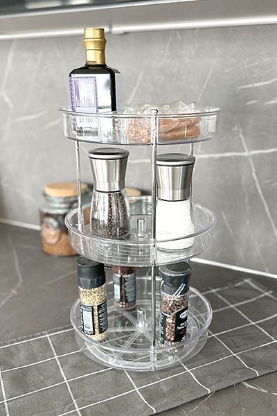 Prima Nova Elpida Transparent Makeup Organizer - Three Tier Rotating Shelf, Bathroom and Kitchen Set