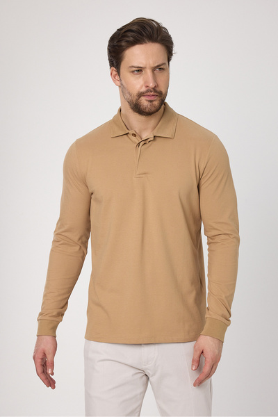 Frappoli Ανδρικό μπεζ Fonte 100% βαμβακερό πλεκτό εύκαμπτο ύφασμα με λεπτή εφαρμογή μακρυμάνικο μπλουζάκι πόλο