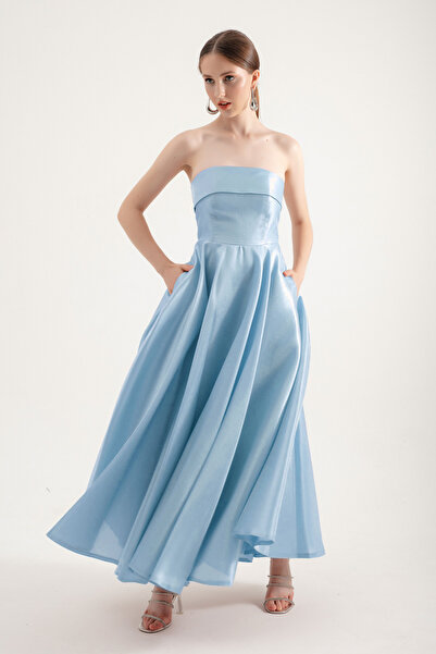 Lafaba Rochie de seara din tul fara bretele albastru bebelus - croiala evazata