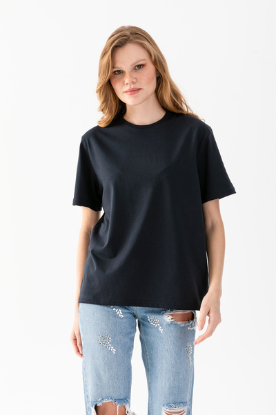 Wega Moda تي شيرت أسود كبير الحجم - تي شيرت نسائي من القطن بأكمام قصيرة ورقبة...