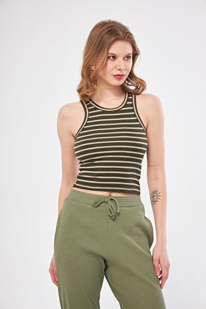 TUBİA Γυναικεία μπλούζα με ριγέ χρώμα χακί μηδενικό μανίκι