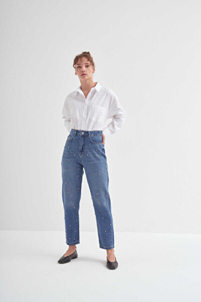 EMNORA Taş İşlemeli Mom Fit Pantolon Mavi