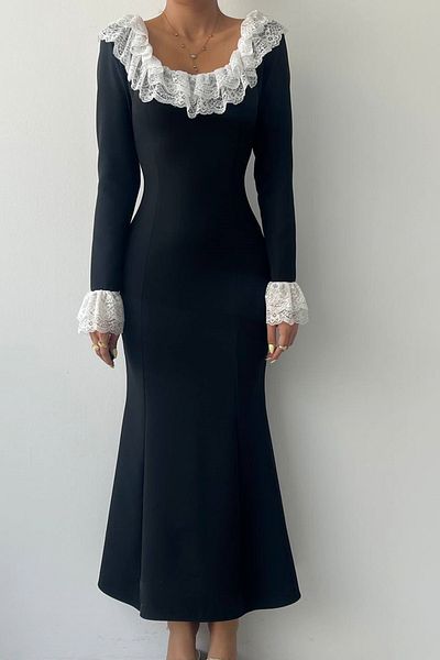 bayansepeti Black Atlas Fabric Midi Evening Dress with Lace Neckline and Sleeves 297