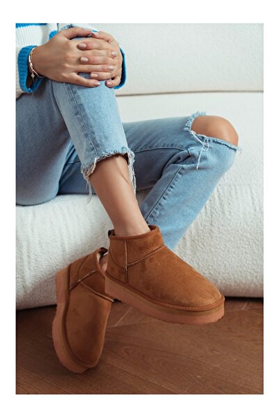 Lovbery Mini Taba Süet Yarım Bot Içi Tüylü Düz Taban Kadın Ayakkabı